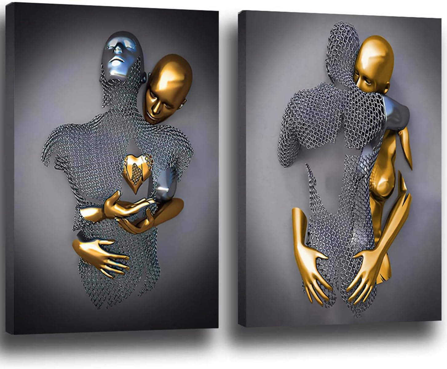 3D Lover Sculpture Poster Metal Figure Statue Art Canvas Painting Romantic Abstract Poster and Prints Modern Living Room Home Decoration - Without Frame (2pcs-60 x 90 cm, Figure-1)