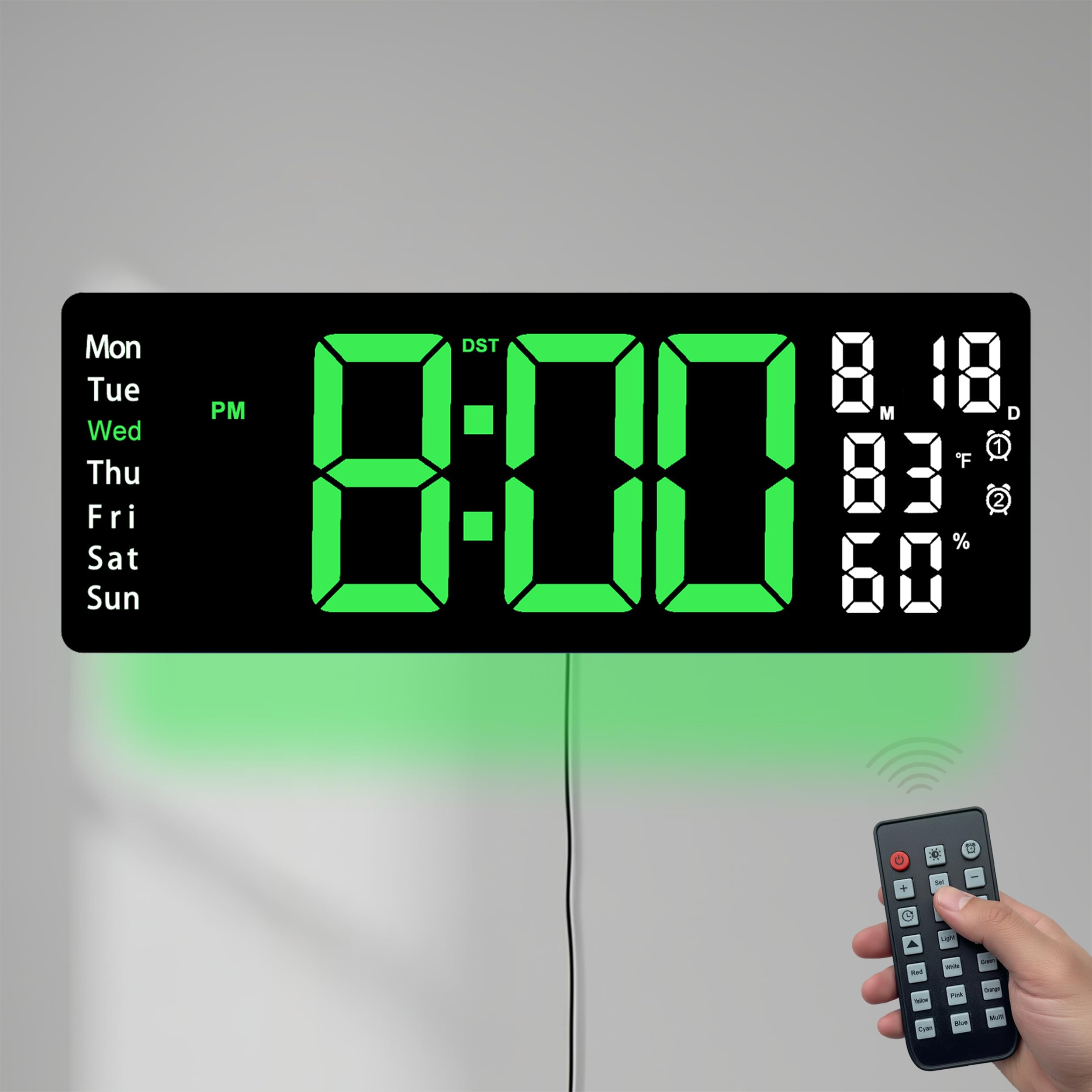 Photo 1 of 17.5 Inch Green LED Digital Wall Clock with 8 Ambient Light Colors?Displays Time,Date,Day,Temperature&Humidity,Dual Alarms,Countdown&Stopwatch,DST,10-Level Auto/Manual Brightness?Modern Silent Clock
