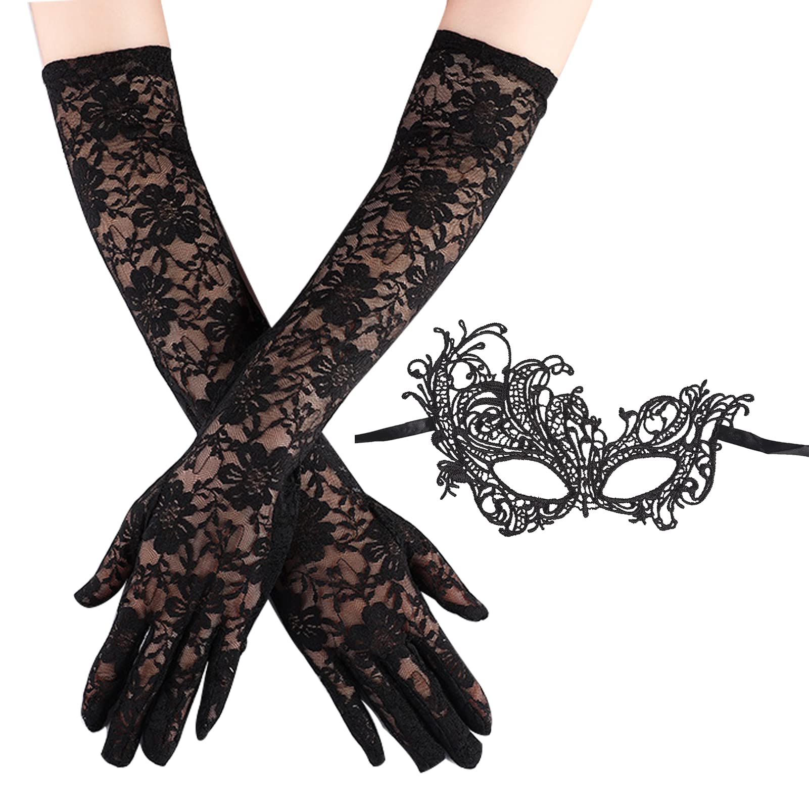 Karjiaja Black Masquerade Mask with Lace Elbow Gloves for Women's Venetian Party
