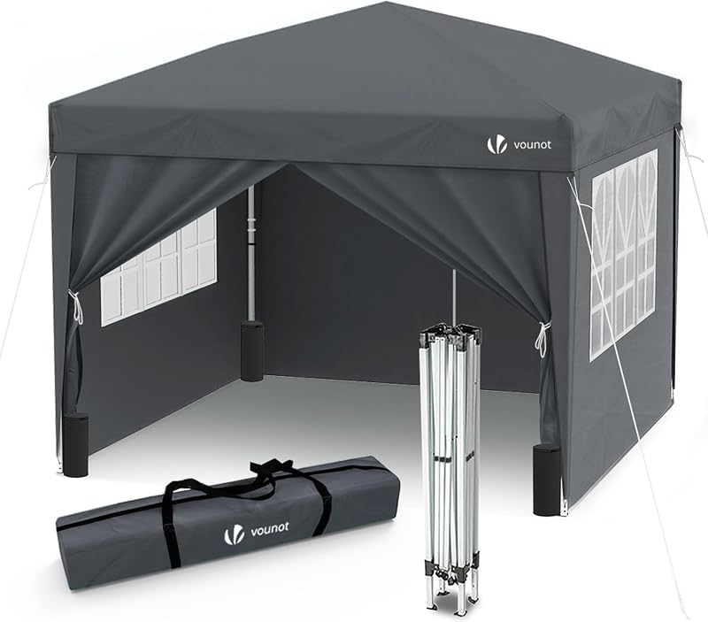 VOUNOT 3m x 3m Pop Up Gazebo with Sides 4 Weight Bags Grey