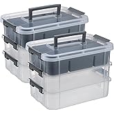 JUXYES 2 Pack 3-Tiers Stack Carry Storage Box With Divided Tray, Transparent Stackable Storage Bin With Handle Lid Latching Storage Container for School & Office Supplies, Dark Gray
