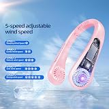 Jsdoin Portable Neck Fan 5 Speeds USB Rechargeable Pink Bladeless 360° Airflow view 4