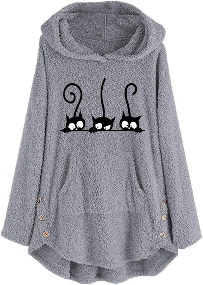 KUDICO Womens Hoodie Fleece Cat Embroidery Plus Size Warm Hooded Sweatshirts Tops Blouse Jumper