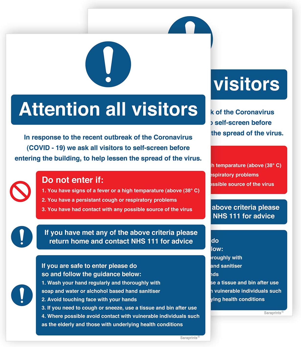 Pack of 2 Covid 19 Signage Attention All Visitors Self Adhesive Waterproof 200mm x 300mm V1196, blue|red|grey|green, 200 x 300 mm