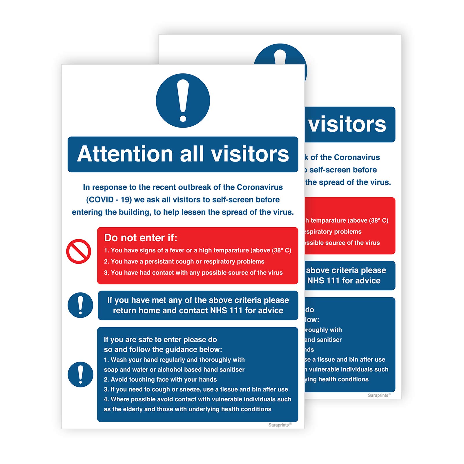 Pack of 2 Covid 19 Signage Attention All Visitors Self Adhesive Waterproof 200mm x 300mm V1196