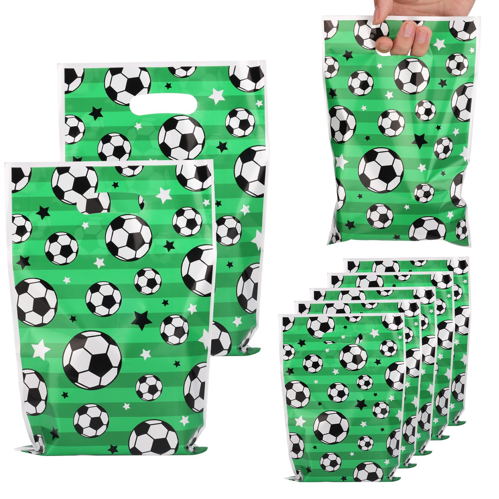 Photo 1 of *PARTIAL SET POSSIBLY 15-20** 50pcs Soccer Goodie Bags, Football-Themed Goody Party Favor Bags with Handle for Team Reusable Glossy Metallic Candy Treat Wraps for Snacks Sports Events Birthday Decorations Gift Giving
