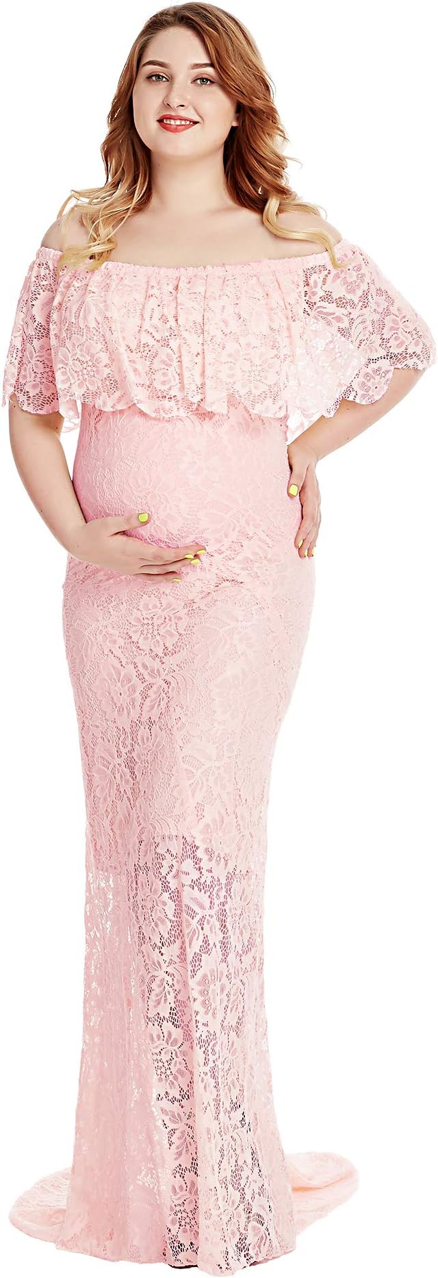 Women's Off Shoulder Short Sleeve Ruffles Lace Maternity Gown Maxi Photography Dress