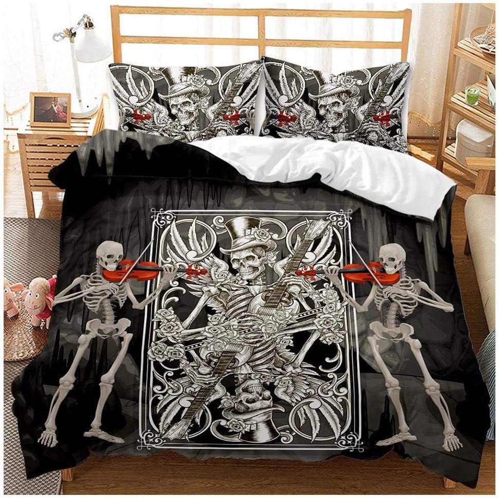 Totenkopf-Bettwäsche-Set Doppelbett – Gothic-Design Mit Rosen & Totenköpfen, 100% Polyester, Inkl. Bettdecke & Kissenbezüge