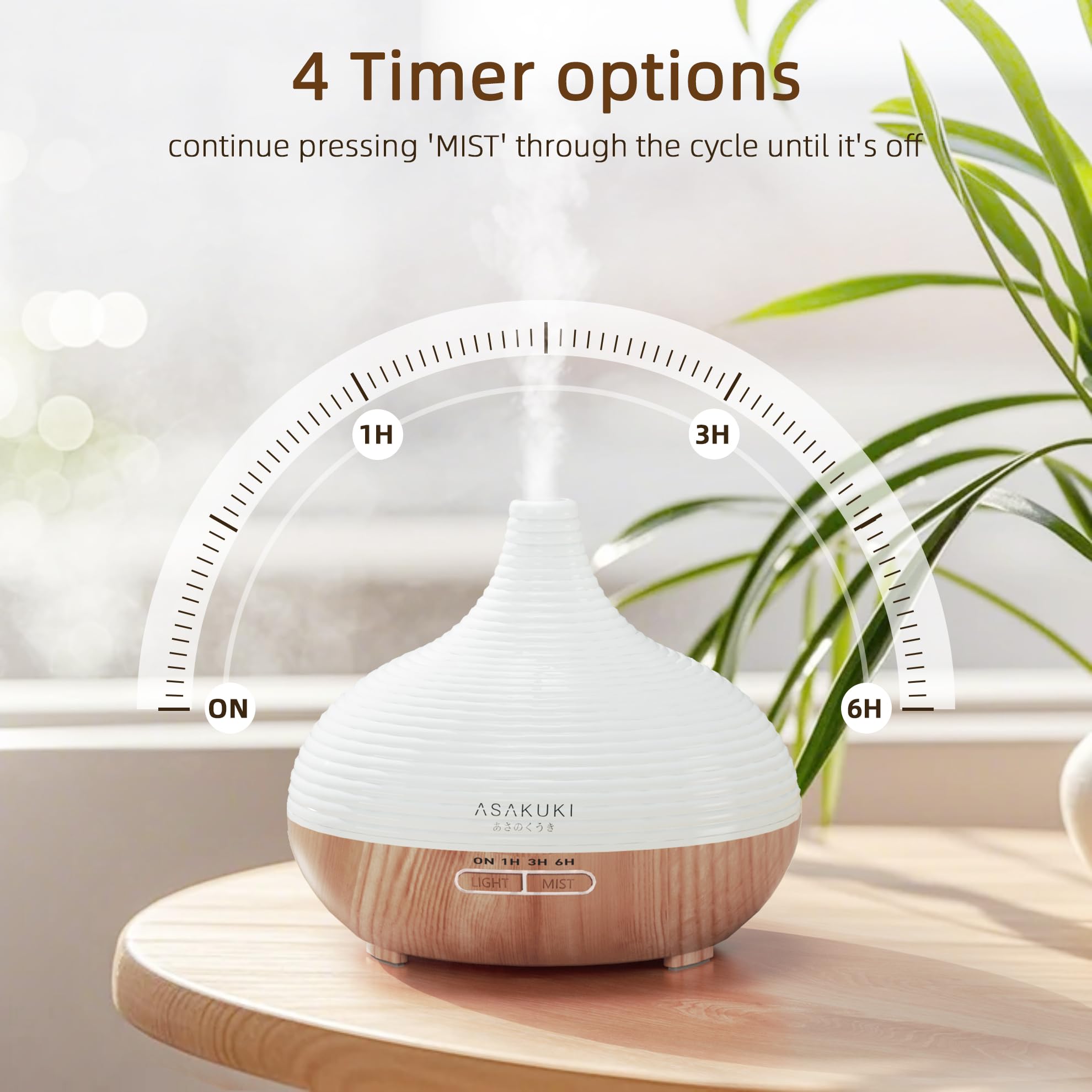 ASAKUKI 300ML Essential Oil Diffuser, Wood Grain BPA-Free Whisper Quiet Cool Mist Humidifier, Natural Home Fragrance Diffuser with 14 Colors LED Lights and Easy to Clean - Light Brown