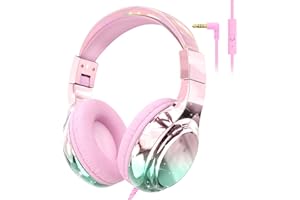 QearFun Kids Headphones Wired with Mic, 85/94dB Safe Volume Limit, Foldable Over Ear, Tangle-Free Cord & Sharing Port, Wired On-Ear Headset for School, Chromebook, Tablet, Travel - Boys & Girls
