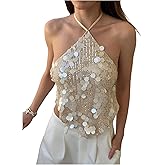 MakeMeChic Women's Sequin Halter Tops Sparkly Backless Sexy Cute Summer Camisole Top