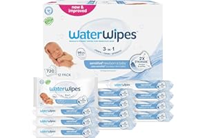 WaterWipes Sensitive+ Lingettes pour nouveau-nés et bébés, 3-en-1 nettoie, soigne, protège, 99,9% d'eau, non parfumées et hypoallergéniques, 720 unités (12 paquets)