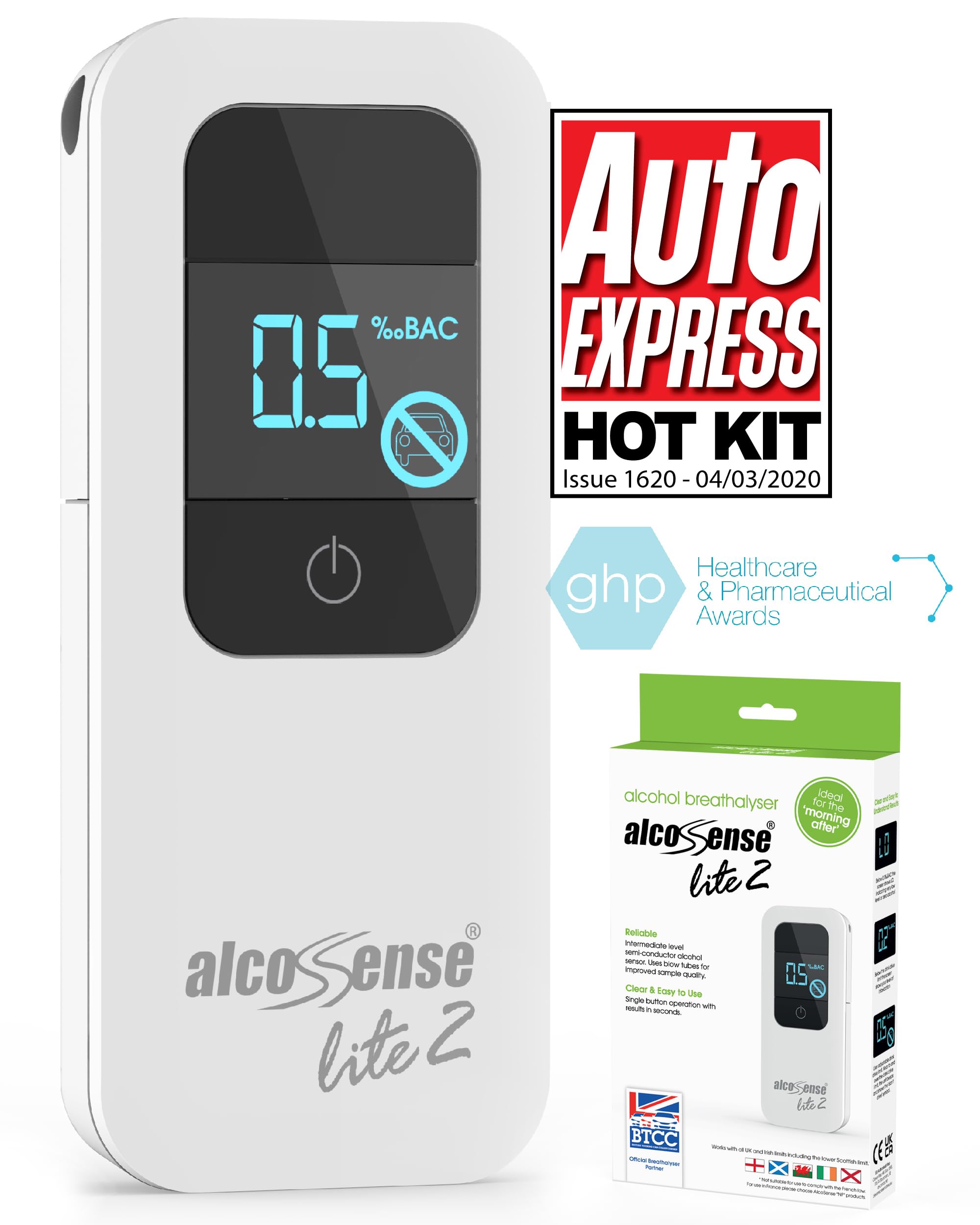 AlcoSense Lite 2 Breathalyser | Health & Pharma Award Winner 2024 |Alcohol Tester for UK, Irish & Scottish Breathalyzer Limits | Home Alcohol Detector