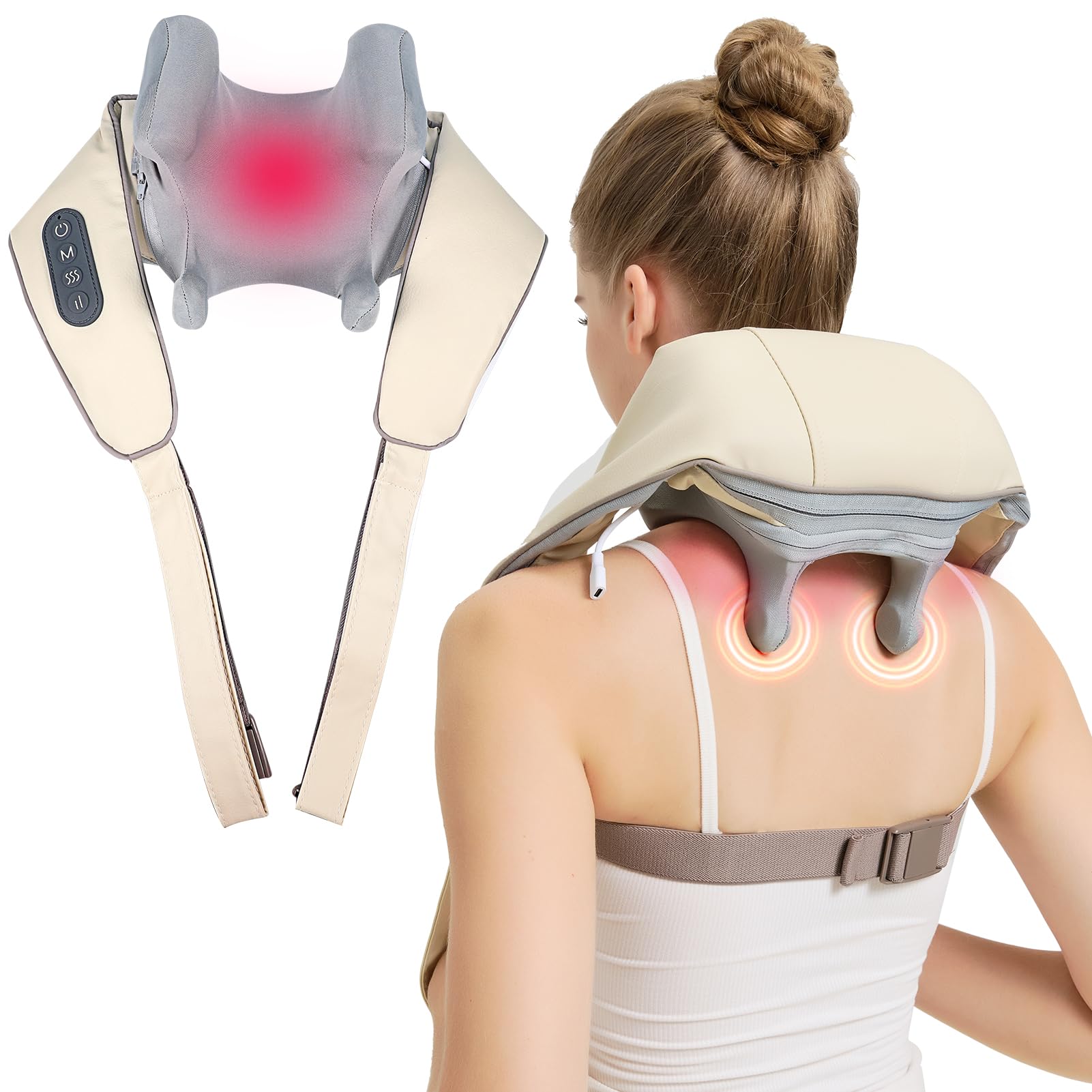 Photo 1 of 4D Wireless Deep Tissue Kneading Neck Massager with Heating Function, Shiatsu and Shoulder Massage Pillow,Back and Leg Pain Relief, Body Muscle Pain Relief, Perfect Gifts for Men Women. (White?