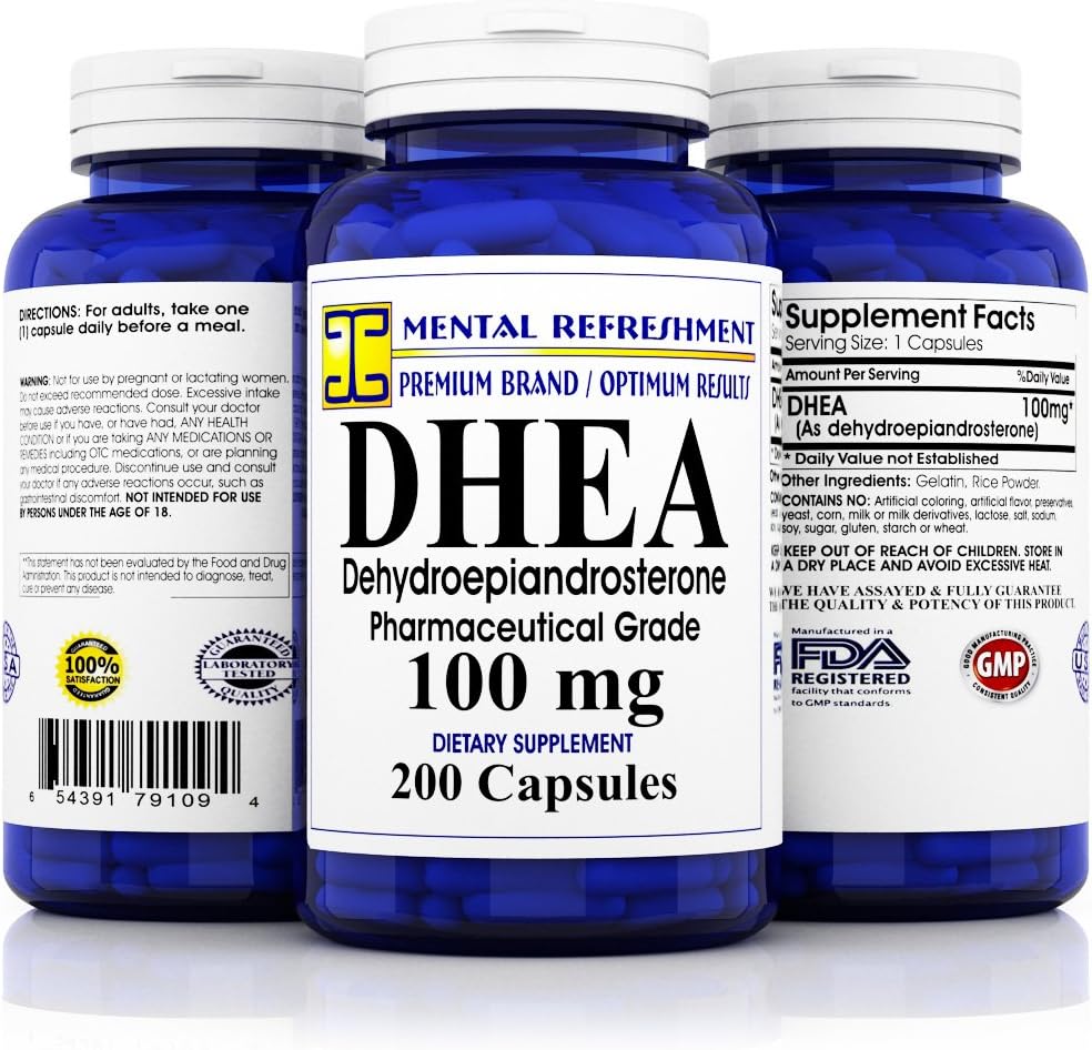 Pure DHEA - 100 mg Max Strength - 200 Capsules - Supports Balanced Hormone Levels for Women & Men, Healthy Metabolism, Brain, Immune Function & Energy