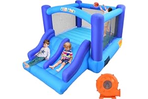 Klo Kick Bounce House with Blower for Kids Aged 3-10, Blow Up Bouncy House with Double Slides & Basketball Hoop, for Party, Backyard, Indoor and Outdoor Used (Purple)