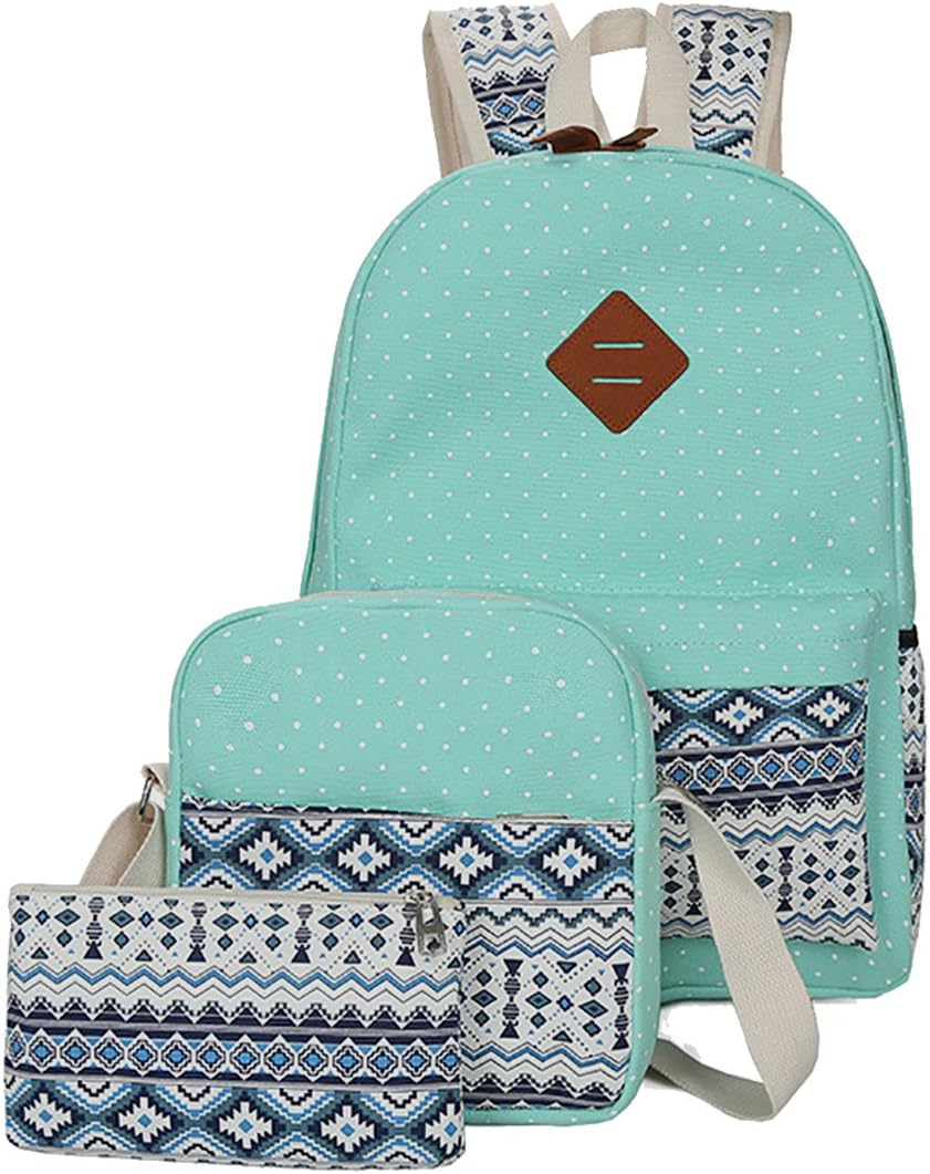 Veenajo Casual Lightweight Cute Dot Canvas Laptop Bag Shoulder Bag School Backpack (Green)
