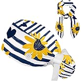 Women's Bouffant Scrub Caps Blue Line Sunflower Working Cap Nurse Hat Surgical Cap with Button and Sweatband