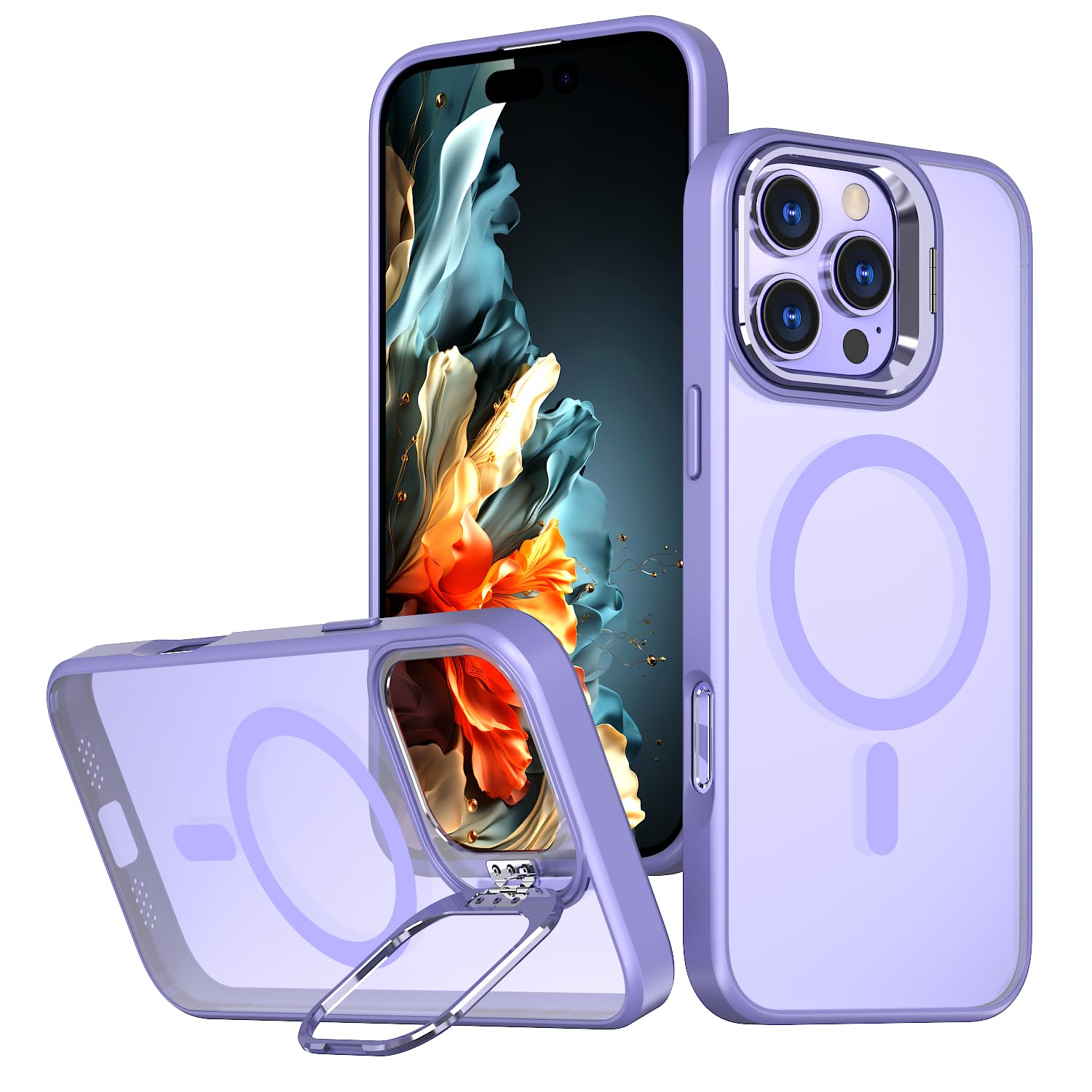 Photo 1 of Likuofiw for iPhone 12 Pro Max/ 13 Pro Max Magnetic Case with Camera Invisible Stand,Compatible with MagSafe Wireless Charging, Military-Grade Protection, Shockproof Slim Phone Cover Light Purple