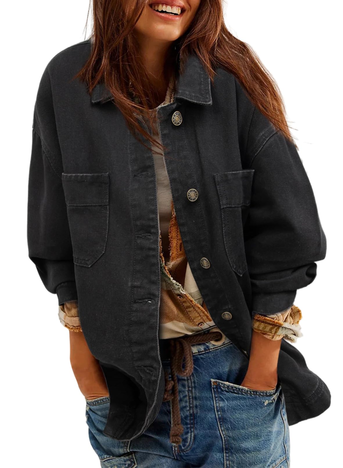 Photo 1 of Sidefeel Women's Jean Jacket Oversized Boyfriend Button Up Long Sleeve Denim Jackets Black X-Large