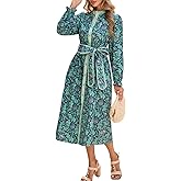 Women Floral Midi Dress Long Sleeve Button Down Shirt Dress with Belt