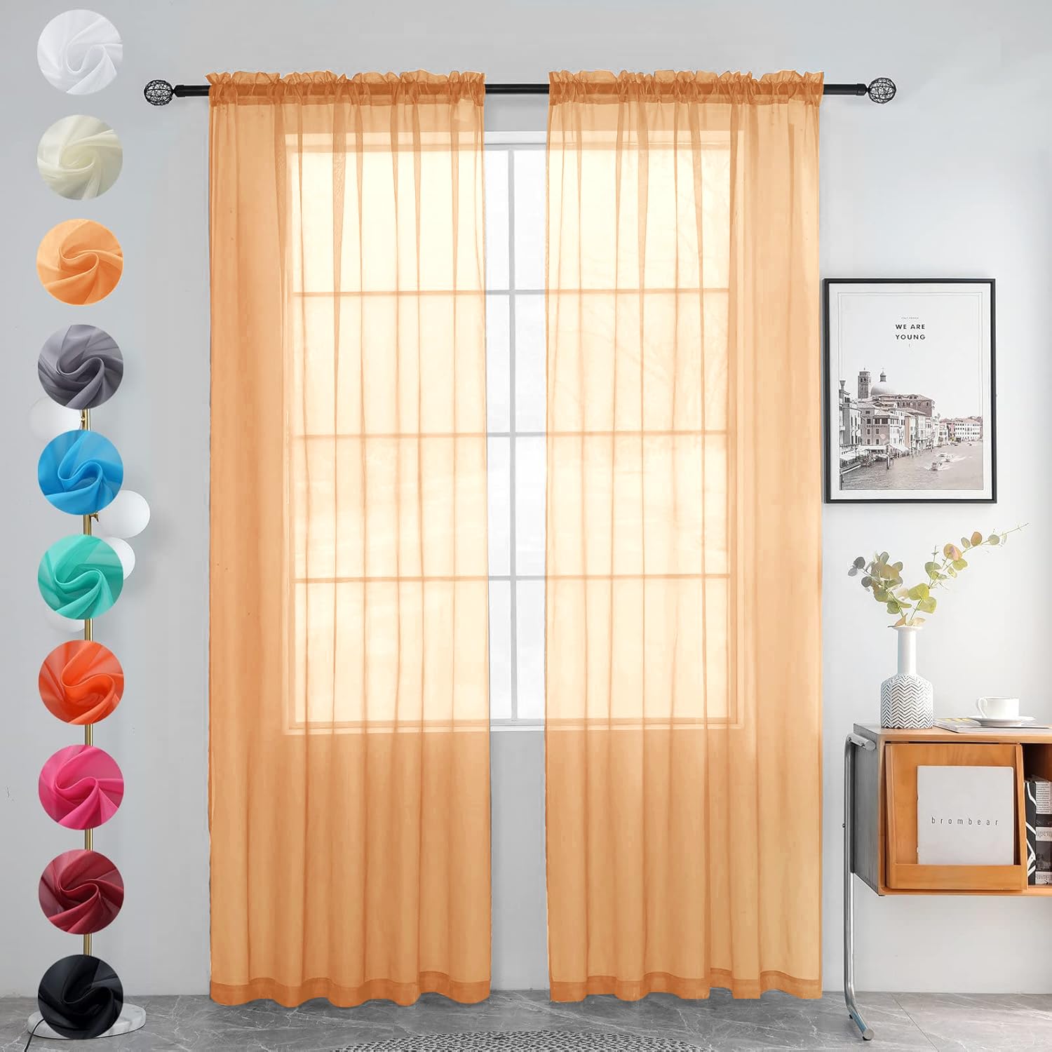youleyar Solid Sheer Rod Pocket Curtain Voile Draperies 2 Panels White Beige Black Grey Coffee 70 Inch Width 63 Inch Long 1 Pair for Kitchen Bedroom Children Living Room Yard(Beige,70Wｘ63L)