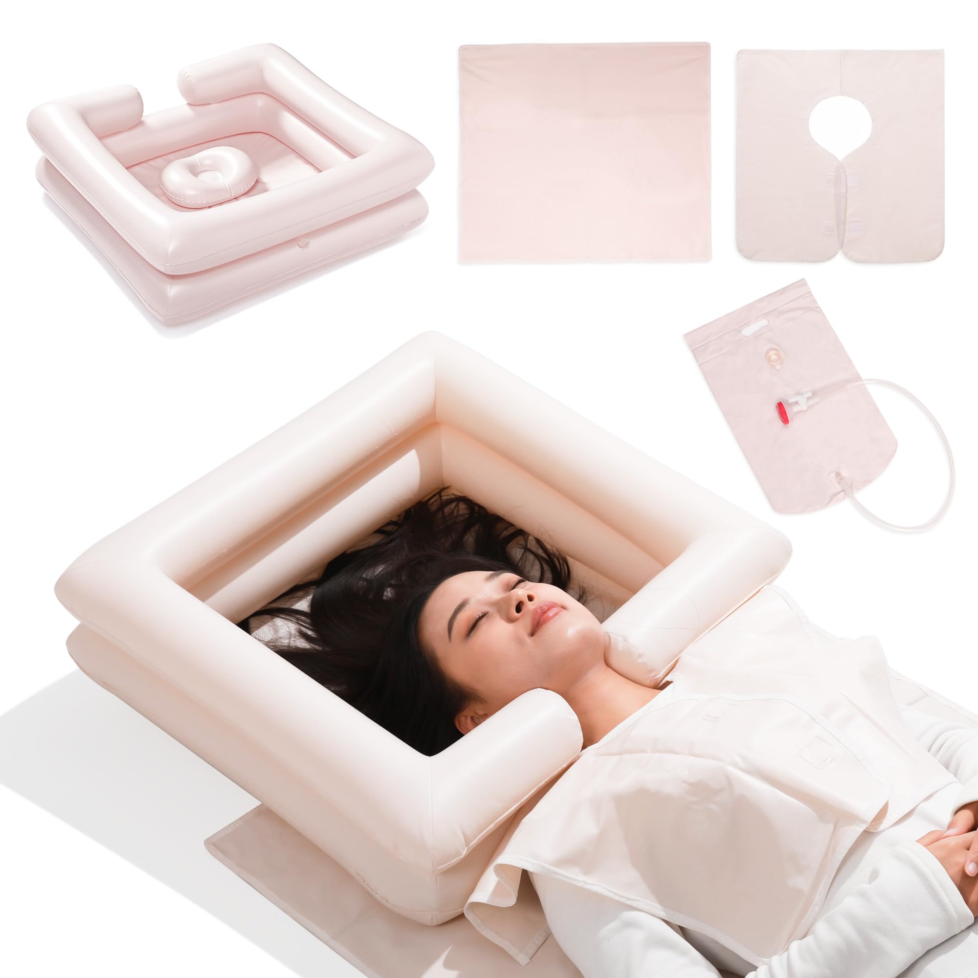 Inflatable Bedside Shampoo Basin Kit with Water Bag, Shower, Shawl, Cushion, Air Pump for Disabled& Elderly Bed Easy, Pregnancy, Bedridden Or Post-Surgical Patient, Bed-Confined Patient（Set of 6）