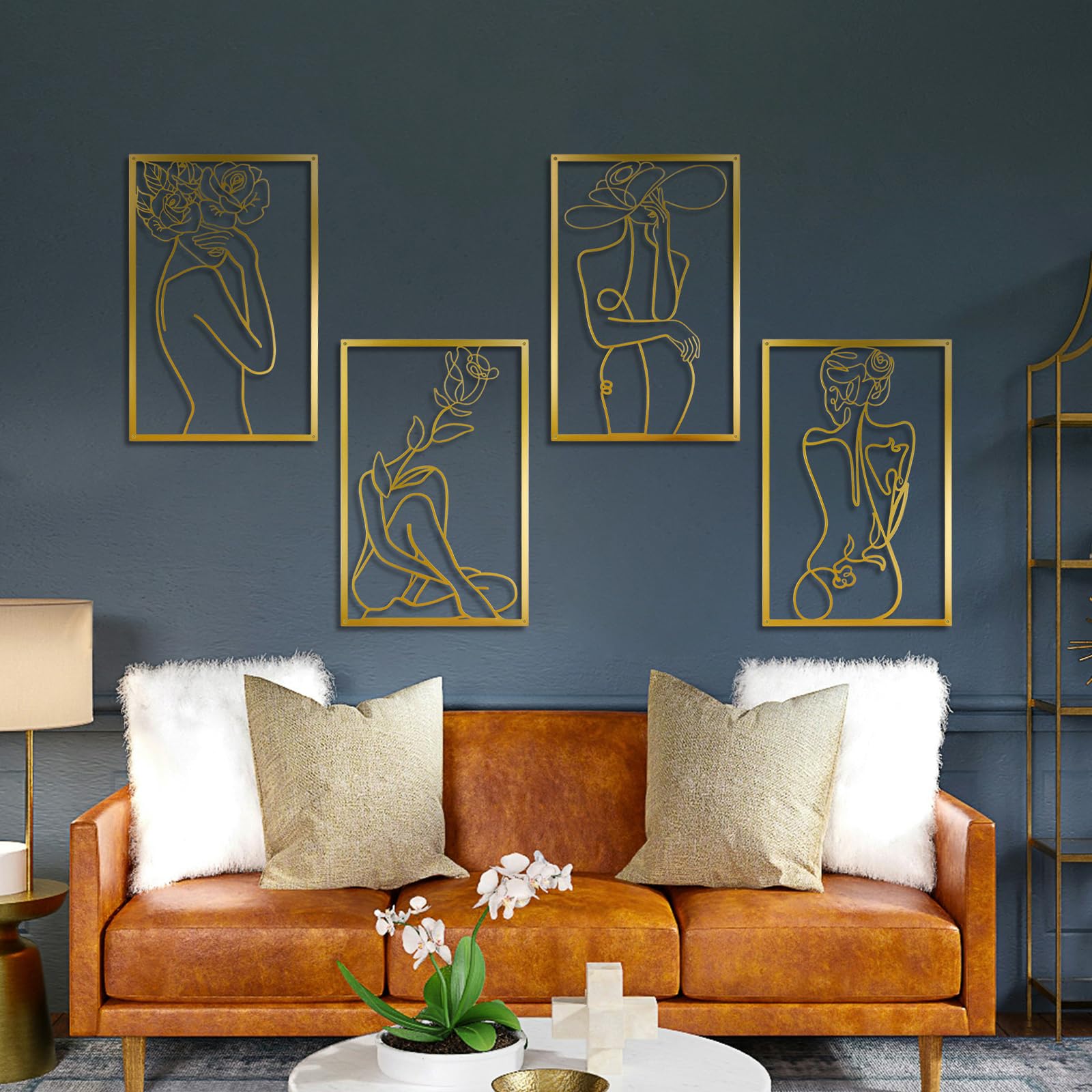 CXRYLZ 4PCS Mental Wall Art Decor, Framed Modern Wall Decor, Aesthetic Wall Decorations, Abstract Flower Line Drawing Artworks, Minimalist Wall Art for Women, Bedroom, Living Room, Bathroom (Gold)