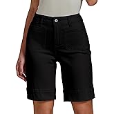 luvamia Bermuda Shorts for Women High Waisted Trendy Patch Pocket Casual Vintage Long Stretchy Denim Shorts Summer Jorts