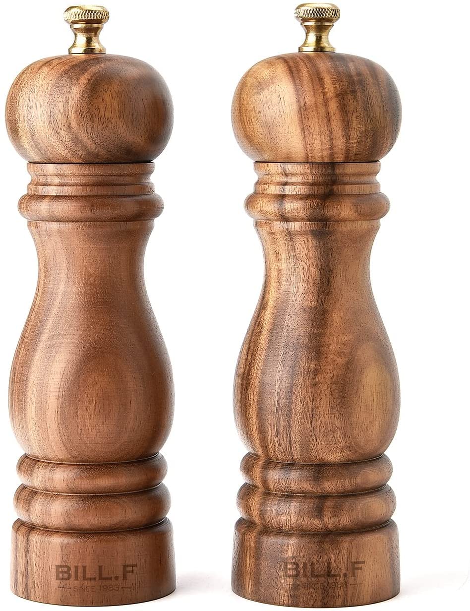 Bill F Since 1983, Salt and Pepper Grinder Set, Wooden Pepper Mill Grinder Salt Pepper Shakers Set of 2 with Adjustable Ceramic Rotor- 7 Inch