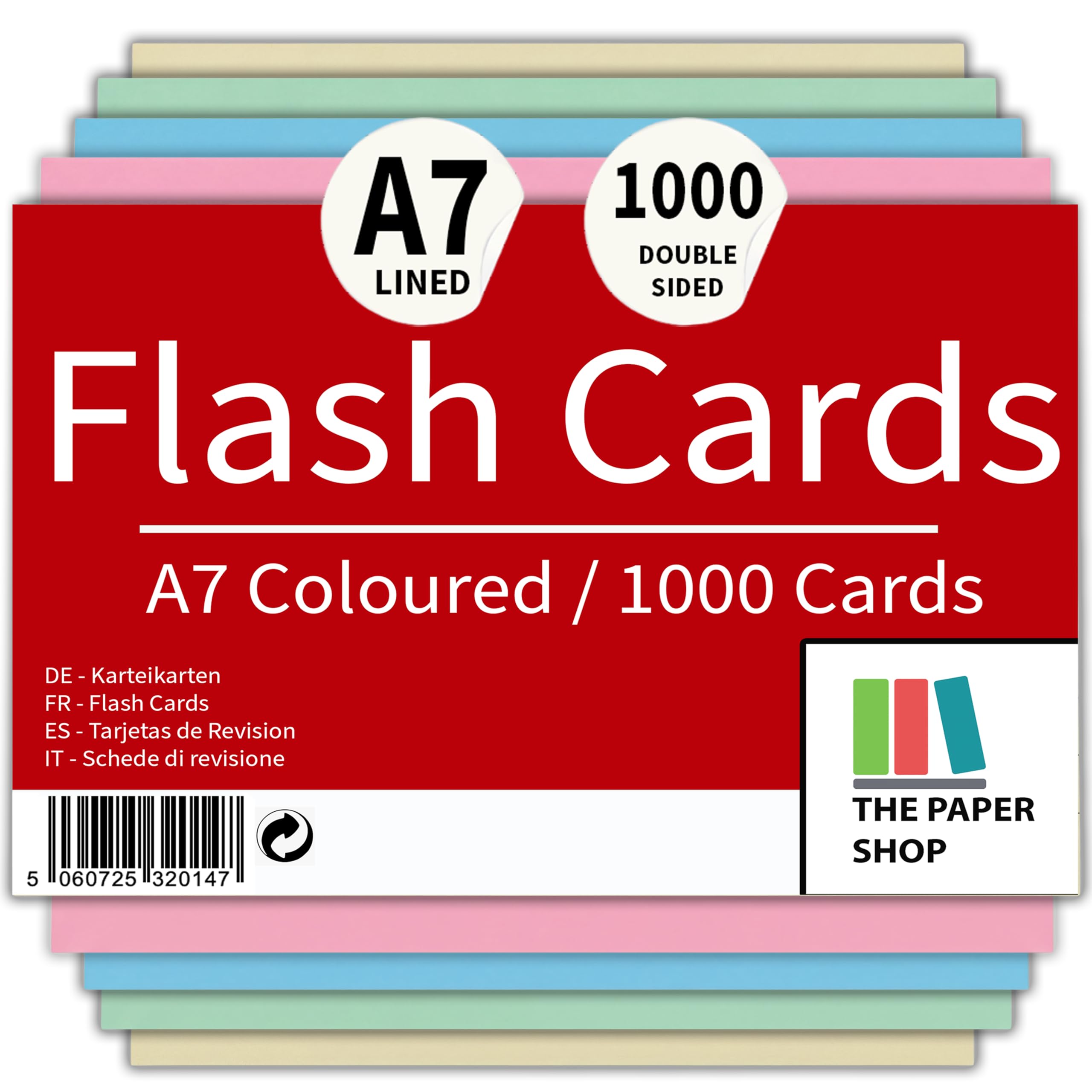 [1000 Pack] Revision Cards 5x3 Coloured Record Cards FlashCards Ruled (5"x 3") 127mm x 76mm Blank Flash Cards Index Cards