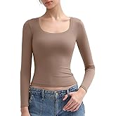 PUMIEY Women's Long Sleeve T Shirts Scoop Neck Slim Fit Going Out Tops Double Lined Basic Tee Smoke Cloud Collection