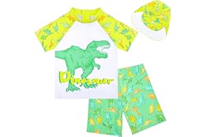PAMAID Boys Two Piece Rash Guard Swimsuits Kids Short Sleeve Swimwear Sets Bathing Suit with Sun Hat for 2-6 Years