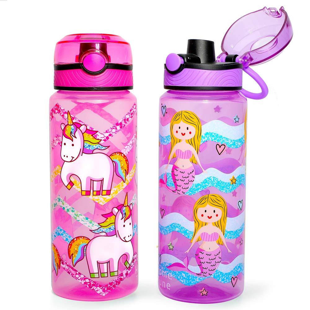 Home Tune Kids Water Drinking Bottle (680ml) - BPA Free, Auto Push Button, Chug Lid, Carry Loop Lightweight, Leak-Proof Water Bottle with Cute Design For Girls & Boys - 2 Pack Unicorn & Mermaid