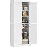 HOMCOM 72.5" Tall Kitchen Pantry Cabinet, Freestanding Modern Farmhouse Kitchen Storage Cabinet with 4 Doors and 2 Adjustable Shelves for Dining Room, White Wood Grain