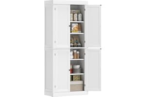 HOMCOM 72.5" Kitchen Pantry Cabinet, Freestanding Buffet Storage Cabinet with 4 Doors and Adjustable Shelves, White Wood Grai