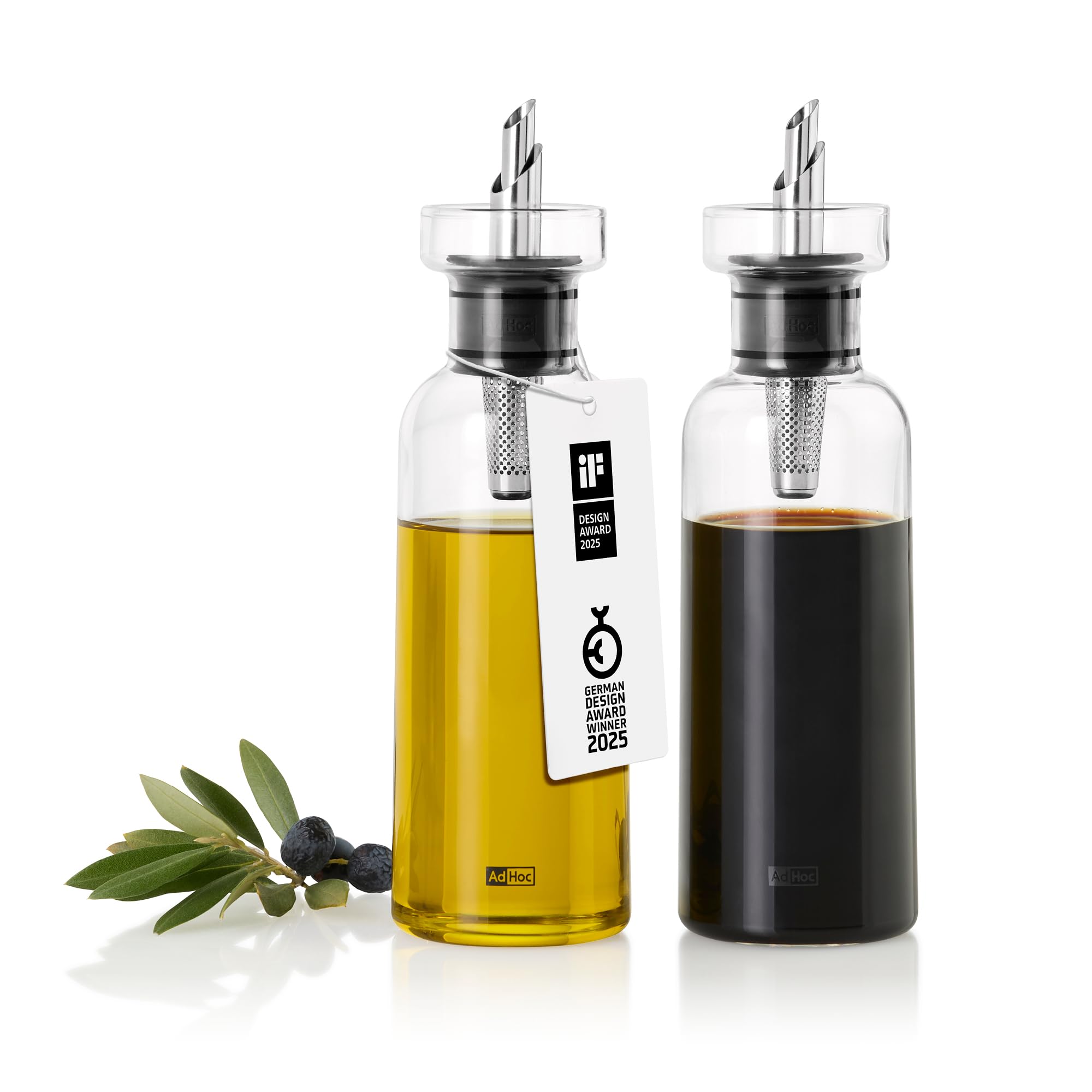 AdHoc AromaPour, Oil & Vinegar Dispenser Set, Clear Borosilicate Glass with Stainless Steel, Filtered Spout, Droplet Free, Airtight, 300ml