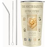 SNUGLYZEN Soccer Tumbler 20oz, Vacuum Insulated Stainless Steel Travel Cup wwith Lid | Soccer Water Bottle | Vintage Newspaper Design | Gifts for Coach, Mom, Dad & Players | Fits Car Holders