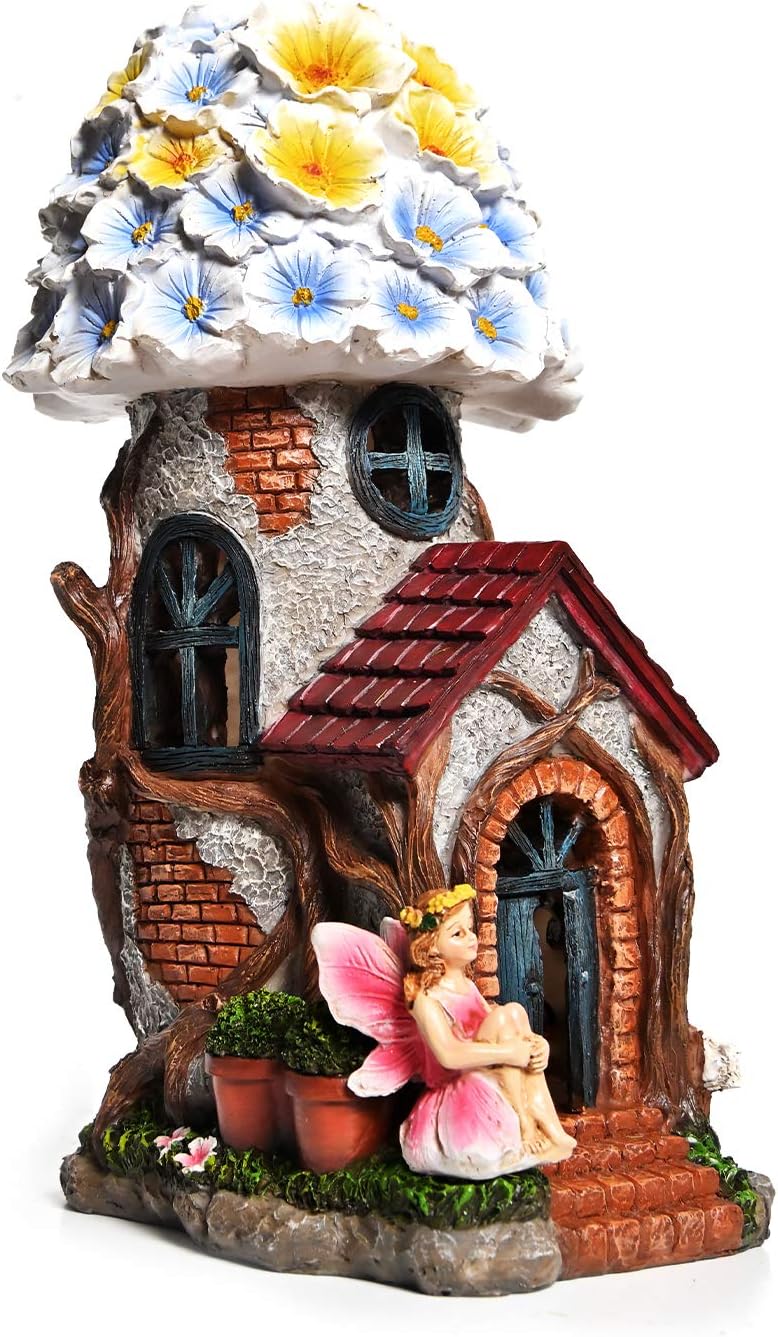 ASAWASA Resin Fairy Flower House Solar Garden Statues and Sculptures Outdoor Decor,Garden Figurines with Solar Powered Lights for Patio,Lawn,Yard Art Decoration,Garden Gift,6.3x4.7x9.9 Inch: Kitchen & Dining