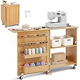 VEVOR Folding Sewing Table, Multipurpose Sewing Machine Table with Compact Design, Wheels, Shelves, Storage Trays, Wooden Pegs, and Magnetic Doors, Sewing Desk Cabinet for Sewing Machine, Wood Color