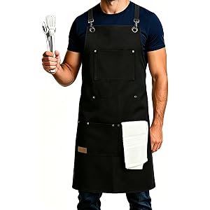HANZAI Chef and BBQ Apron with Hand Towel and tong - 12oz Cotton Canvas.Cross Back Straps. Multi Pockets for man and women.