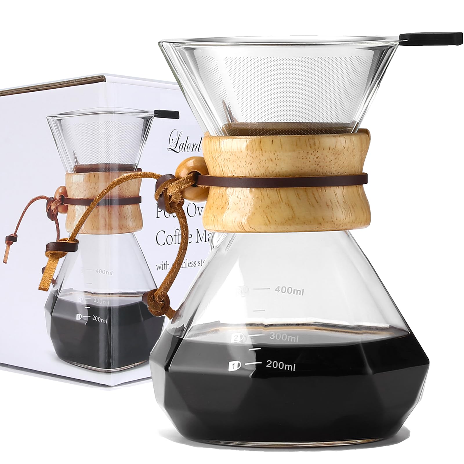 Lalord Pour Over Coffee Maker with Reusable Stainless Steel Filter, 400 ml Borosilicate Glass Coffee Carafe, Wooden Collar, Coffee Dripper Brewer, Hold 2 Cups