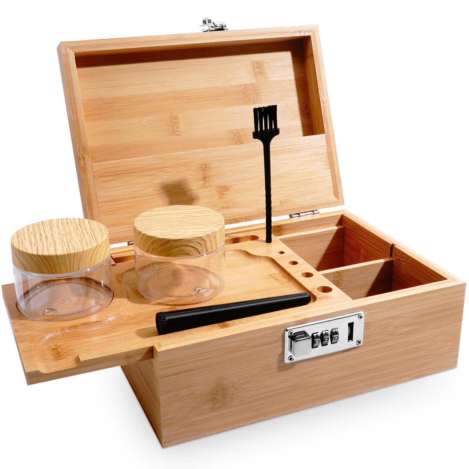 Luqixcey Large Bamboo Storage Box with Combination Lock, Decorative Box Set with Removable Tray, Brush & 2 Storage Jars for Home, Premium Storage Box Set with All Accessories, Perfect for Any Home