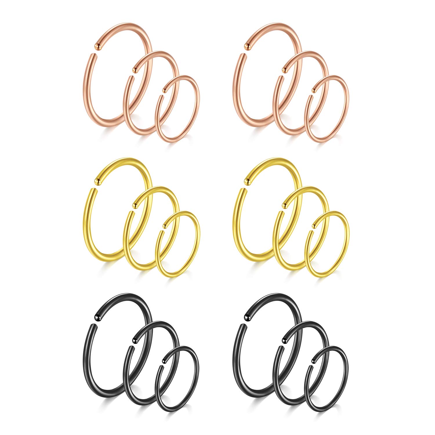 Longita 18G 20G Fake Piercing Mix Size Surgical Steel Nose Ring Hoop Lip Helix Cartilage Tragus Earrings 6/8/10mm Multicolor