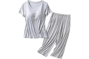 KINRUI Womens Soft Pajama Sets Summer Cotton Modal Loungewear Sleeveless Tanks with Built in Shelf Bra and Pocketed Shorts