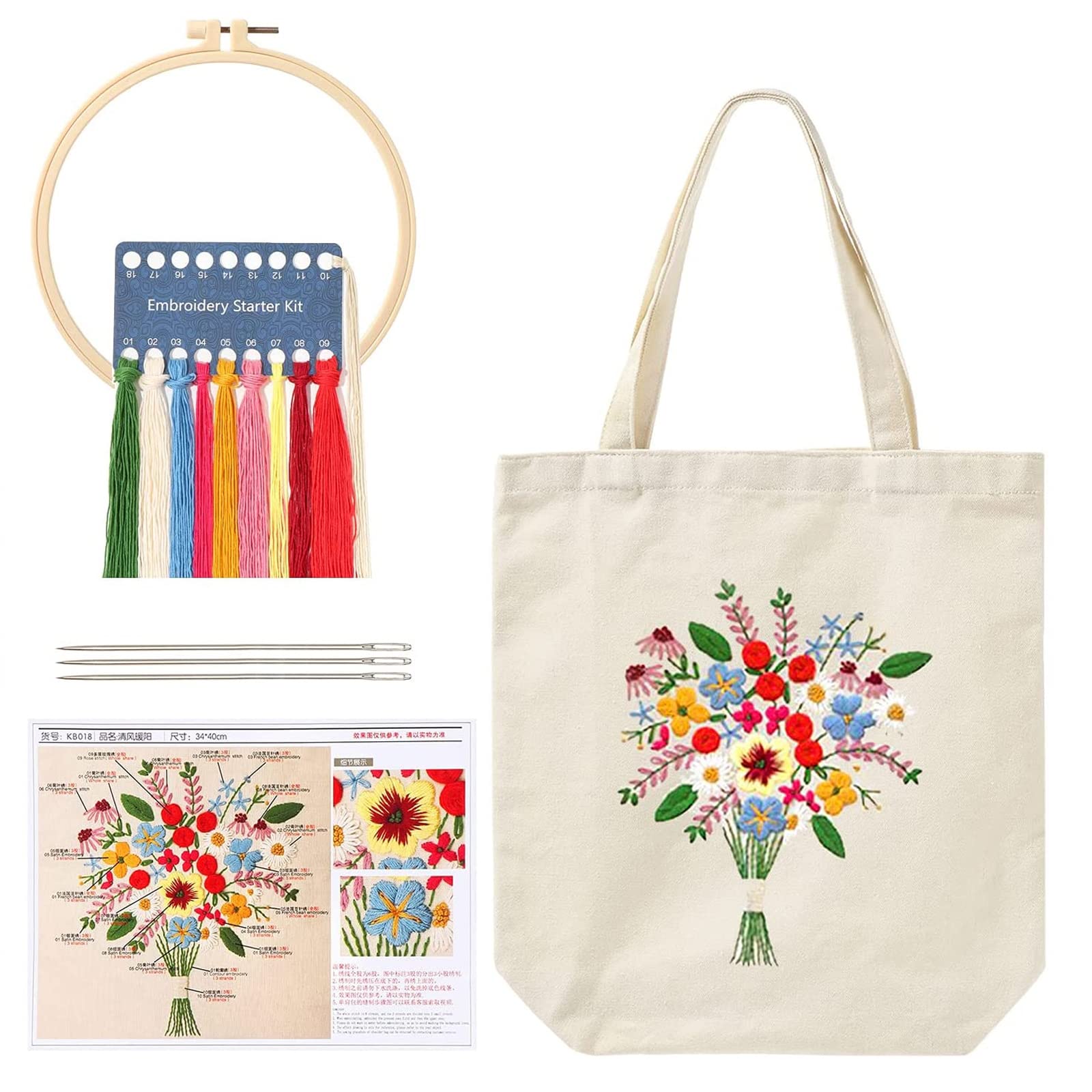 Canvas Tote Bag Embroidery Kits, with Floral Pattern, Embroidery Starter Kit for Beginners, with Bamboo Embroidery Hoop, Tote Bag, Color Threads, Instructions, DIY Cross Stitch Kits for Adults (White)