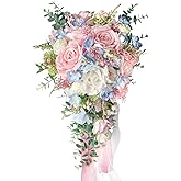 LCiclly Large Pink Rose Bouquets for Bride Spring Summer Wedding Creamy Blue Blush Pink White Cascading Bridal Bouquet Artificial Silk Flower Boho Rustic Ceremony Anniversary Decor Toss Bouquet