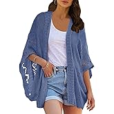 Ermonn Crochet Cardigan Sweaters for Women Open Front Kimono Batwing Sleeve Plain Casual Lightweight Outerwear
