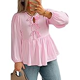 AlvaQ Womens Plus Size Tops Fall Fashion Bow Tie Front Puff Sleeve Crewneck Babydoll Peplum Blouses Shirt L-4XL