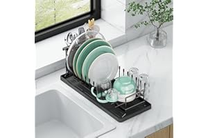 Small Dish Drying Rack, Aufworld Compact Dish Rack with Silicone Drying Mat, Stainless Steel Dish Drainer with Utensil Holder